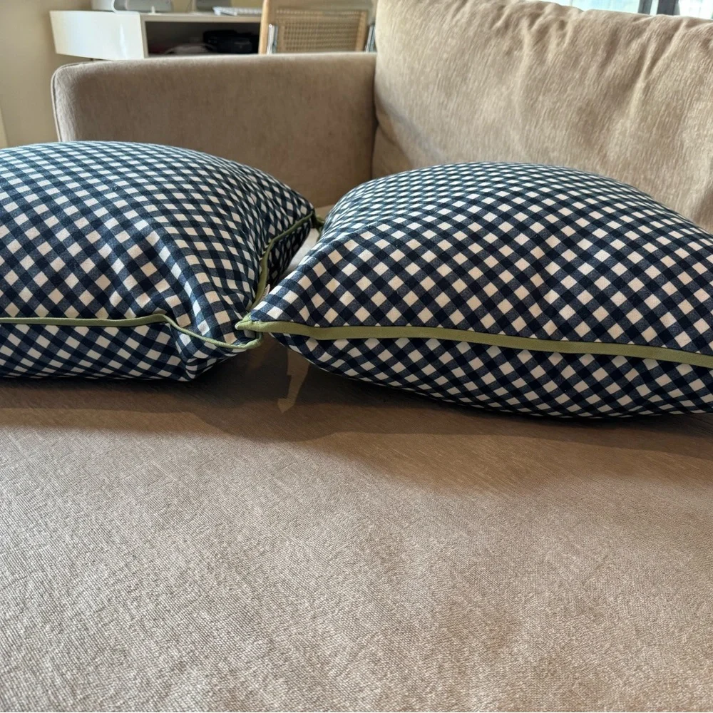 Pottery Barn Navy Gingham Throw Pillows with Green Trim – Set of 2 (18x18) - Picture 10 of 10